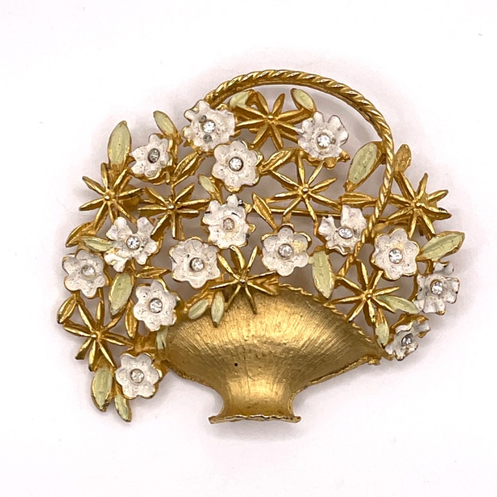 Kramer Signed Vintage Gold Tone Flower Basket Pin Brooch